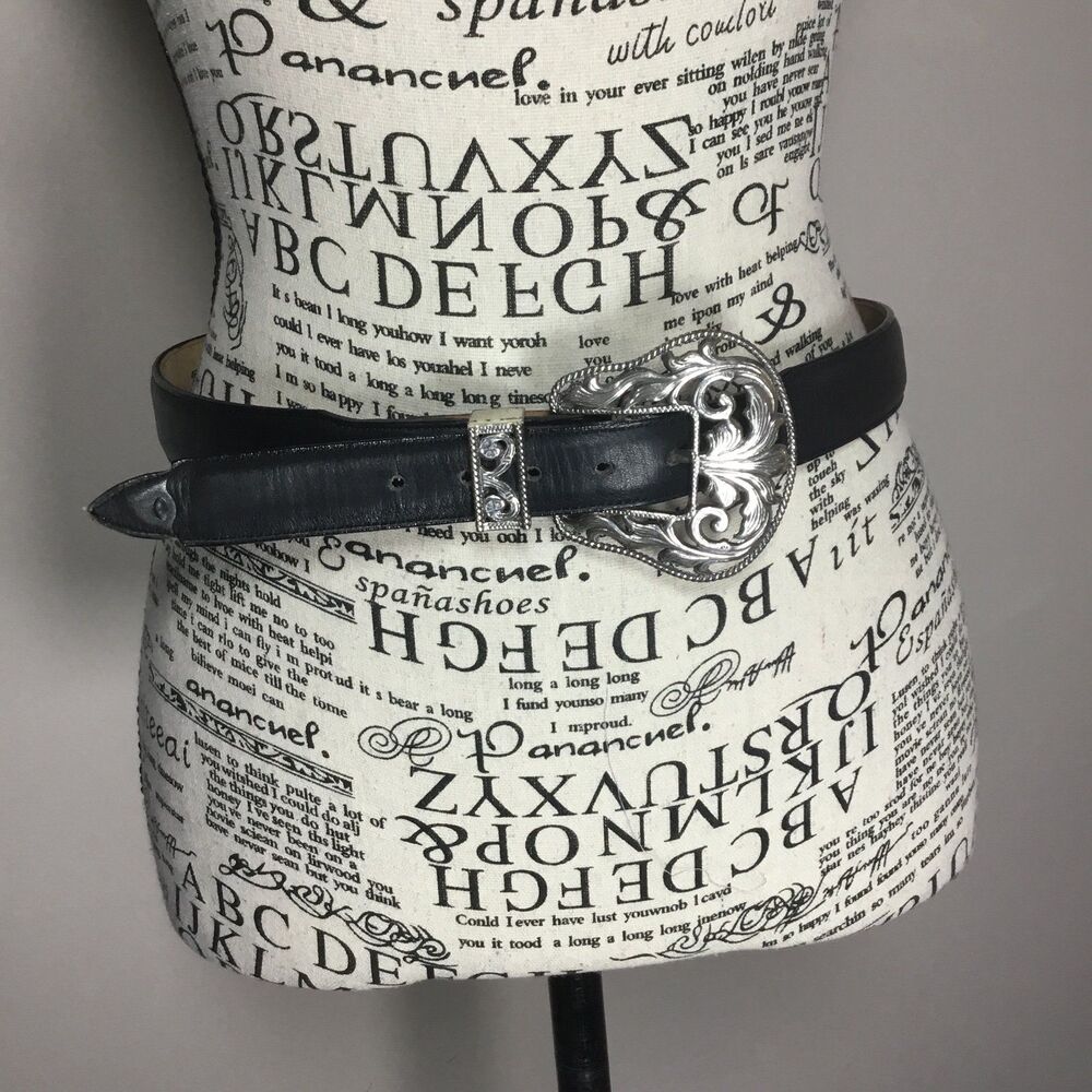 Black leather belt silver tone acanthus detail buckle top grain cowhide 36.5"
